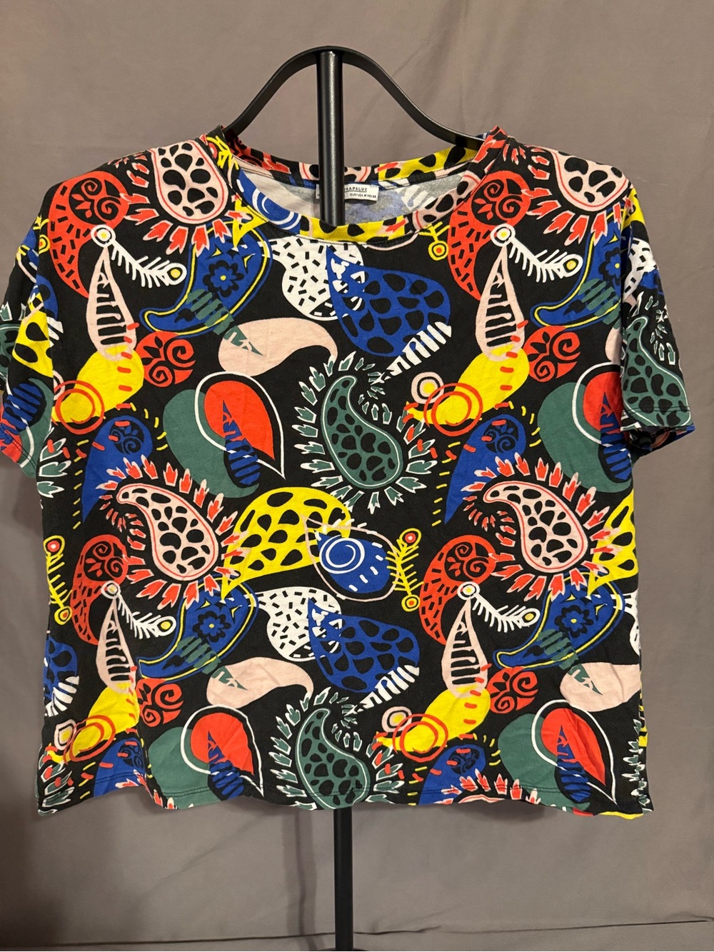 Zara Black Short Sleeve Tee with Colorful Paisley Print